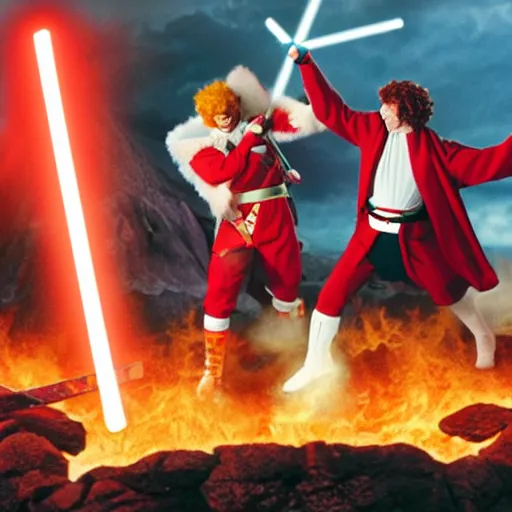 Prompt: ronald mcdonald and burger king dueling it out on mount doom with lightsabers