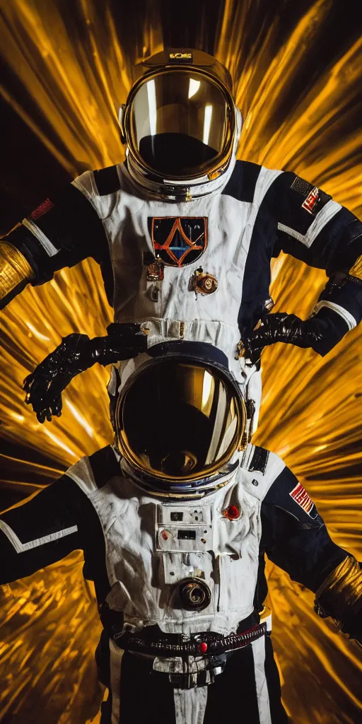 Image similar to photography of space suits designed yb knights templar, the knights templar cross logo, gold lining, heroic posing, photo shoot, by annie leibovitz, sigma 85mm 1.4, glows, sharp, high contrast