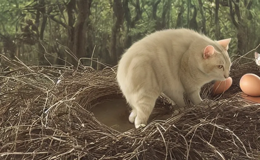 Prompt: david attenborough pointing at a cat in a big nest, lots of eggs. national geographic, strange, photorealistic