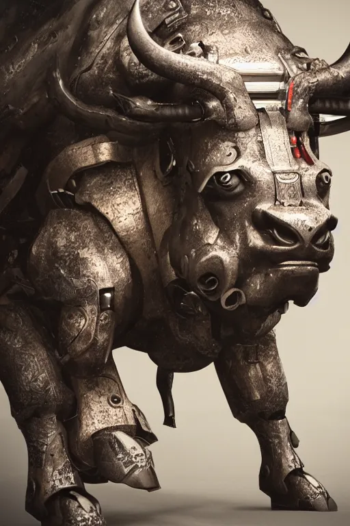 Image similar to a full body shot of a cyborg ( bull ) modeled after a bull looking into the camera, android, cyborg, full body shot, intricate, 3 d, hyper realism, fantasy, depth of field, octane render, symmetrical, highly detailed, digital art, artstation, concept art, cinematic lighting, trending