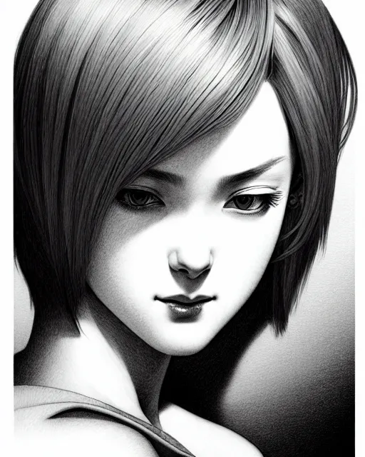 Image similar to ' bored woman with short hair ', closeup shot of face, beautiful shadowing, soft shadowing, reflective surfaces, illustrated completely, 8 k beautifully detailed pencil illustration, extremely hyper - detailed pencil illustration, intricate, epic composition, masterpiece, bold complimentary colors. stunning masterfully illustrated by artgerm, range murata, alphonse mucha, katsuhiro otomo.