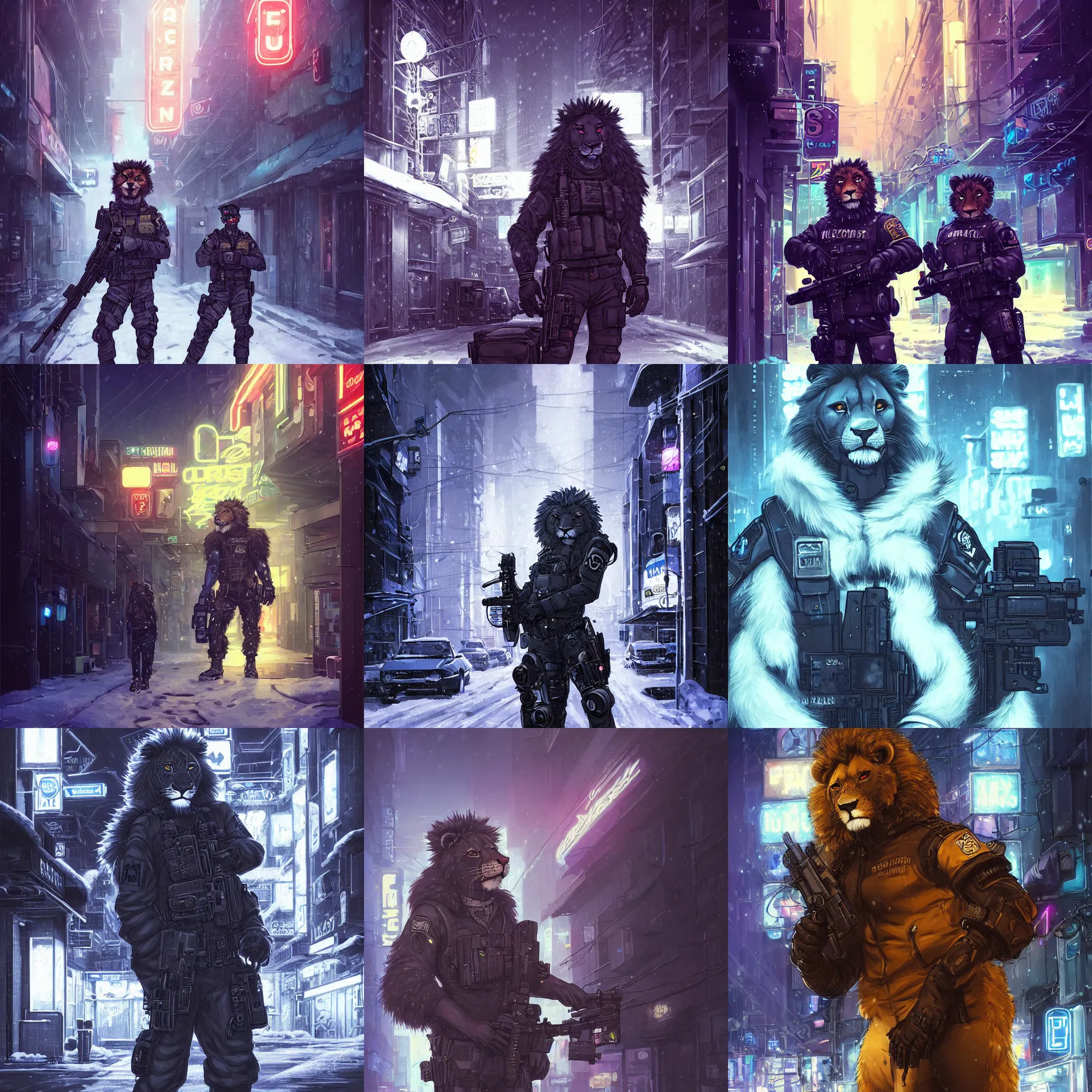 Prompt: beautiful furry art portrait commission of a male furry anthro lion fursona wearing a tactical swat uniform in the streets of a cyberpunk city at night in the snow. neon signs. character design by charlie bowater, ross tran, artgerm, and makoto shinkai, detailed, inked, western comic book art