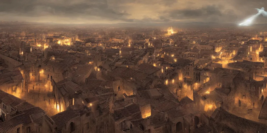 Image similar to the monumental city of caceres with dragons flying over it, dramatic lighting, cinematic, extremly high detail, photorealistic, cinematic lighting, post processed, concept art, artstation, matte painting, style by greg rutkowsky