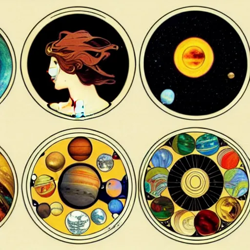 Prompt: beautiful solar system with nine planets and sun in the style of alphonse mucha, art nouveau, sharpen, hight detalied, 4 k, hd - s 1 5 0