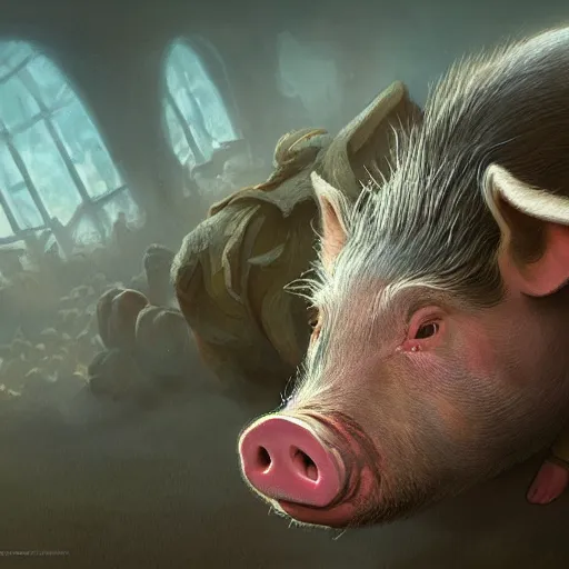 Prompt: Pig Putin in dirt, intricate, highly detailed, digital painting, artstation, concept art, smooth, sharp focus, illustration, evil, horrifying, art by artgerm and greg rutkowski and alphonse mucha