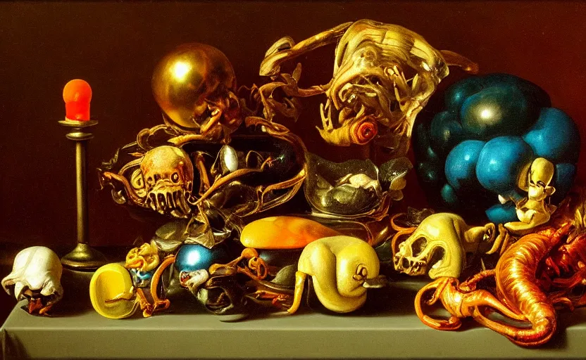 Prompt: disturbing colorful oil painting dutch golden age vanitas still life with bizarre objects strange gooey surfaces shiny metal bizarre insects rubber silk rachel ruysch dali todd schorr very detailed perfect composition rule of thirds masterpiece chiaroscuro canon 5 0 mm, cinematic lighting, photography, retro, film, kodachrome