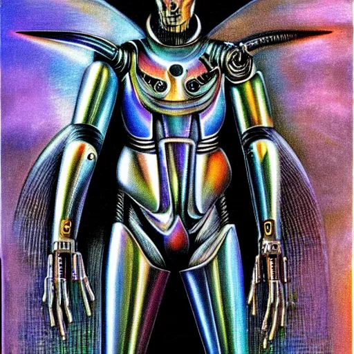 Image similar to futurist cyborg emperor, perfect future, award winning art by hr giger, iridescent color palette