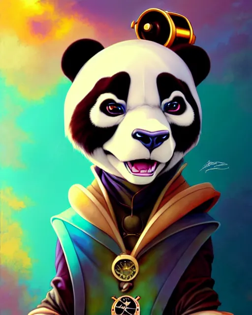 Prompt: don bluth, loish, artgerm, joshua middleton, steampunk, clockpunk anthropomorphic panda, full sailor suit, symmetrical eyes symmetrical face, colorful animation forest background