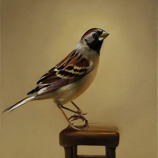 Prompt: an oil paiting of a sparrow perched on a chair, highly detailed, oleo, artstation, sharp focus, by diego velazquez