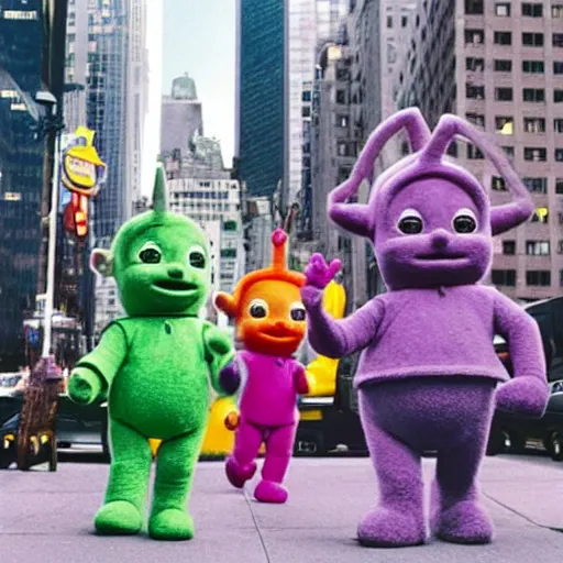 Prompt: teletubbies as bank robbers in new york city, 4k, high detail, high-resolution photograph, professional photography, ultra-detail