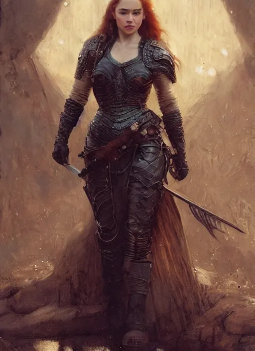 Image similar to young beautiful mischievous redhead emilia clarke wearing full body black medieval armour, detailed, by gaston bussiere, bayard wu, greg rutkowski, giger, maxim verehin, greg rutkowski, masterpiece, sharp focus, cinematic lightning