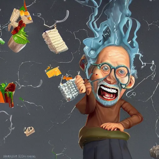 Prompt: a mad scientist in his back yard laughing happily at the food which he is falling from the sky , concept art, trending on artstation 3D.