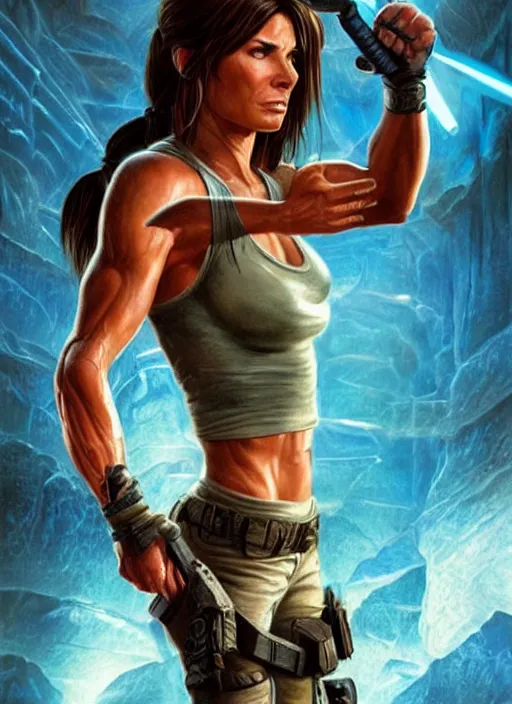 Image similar to muscled Sandra Bullock as Lara Croft as a ruggedly handsome heroine looking directly into the camera, jumping off a glowing artifact lodged in shallow blue glowing water, intricate, elegant, highly detailed, artstation, concept art, smooth, sharp focus, illustration, bokeh art by artgerm and donato giancola and Joseph Christian Leyendecker, WLOP, fireflies, distant snowstorm and thunder