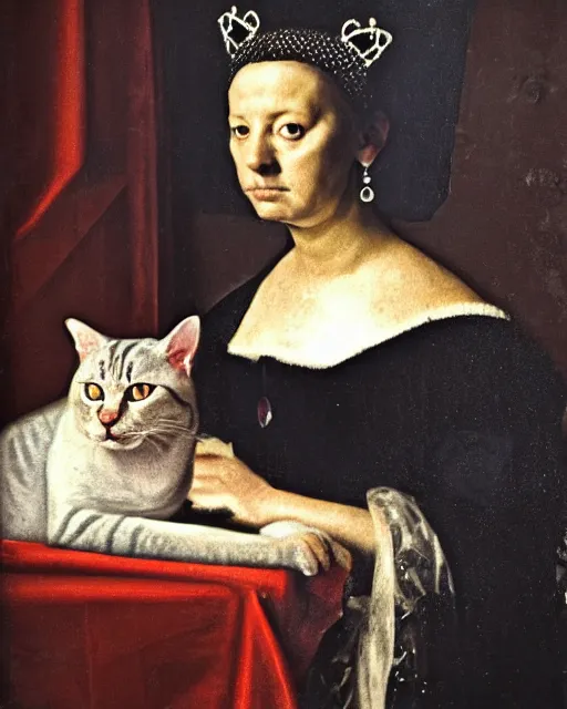 Image similar to a cat queen, in the style of the dutch masters and gregory crewdson, dark and moody
