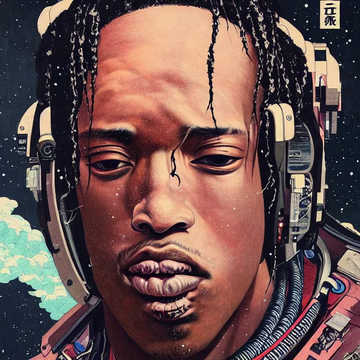 Image similar to a beautiful ukiyo painting of travis scott as a spacepunk battle space pilot, wearing space techwear, detailed close up portrait, intricate complexity, concept art, by takato yamamoto, wlop, krenz cushart. cinematic dramatic atmosphere, sharp focus, digital full likeness art. center frame