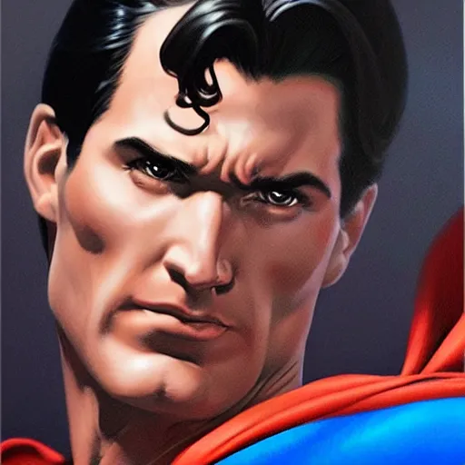 Image similar to an ultra - realistic head and shoulders portrait painting of superman in the style of alex ross. 4 k. ultra - realistic. highly detailed. dark fantasy. epic lighting.