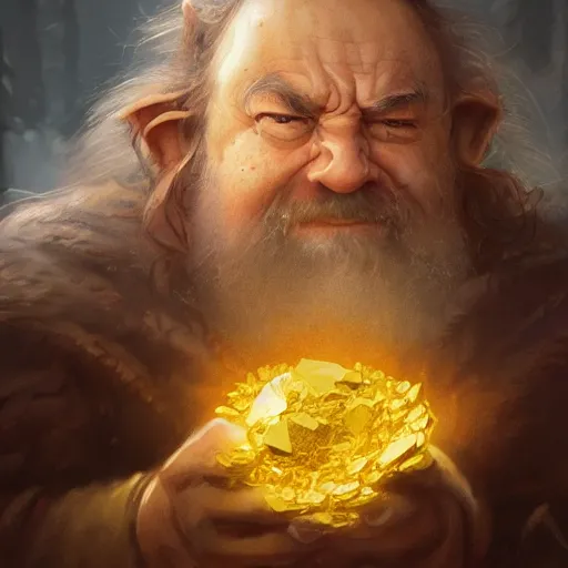 Prompt: ultra detailed portrait of a dwarf hugging the humongous raw, unrefined gold nugget, lump of native gold, realistic, beautiful eyes, fantasy art, dnd, lord of the rings, mid - shot, moody lighting, by greg rutkowski, wlop, artgerm, concept art, sharp focus, ray tracing
