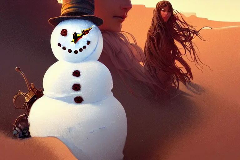 Prompt: a snowman drippy in the desert sun, intricate, wild, highly detailed, digital painting, artstation, concept art, smooth, sharp focus, illustration, art by artgerm and greg rutkowski and alphonse mucha