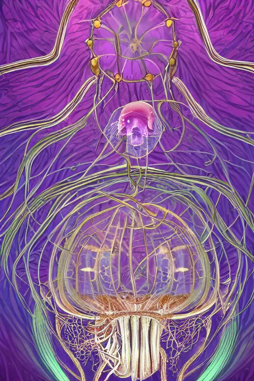 Image similar to the world inside a jellyfish, symmetrical, highly detailed, digital art, sharp focus, skeleton, trending on art station