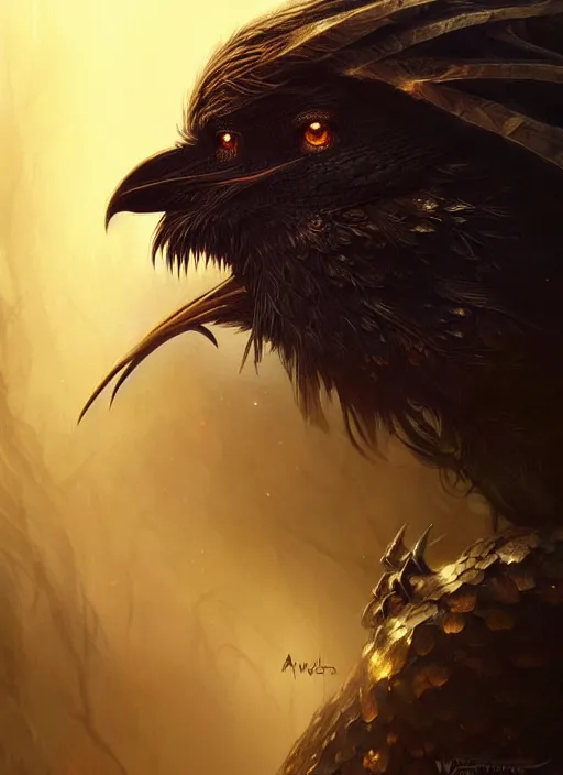 Image similar to side portrait dark crow, fantasy forest landscape, dragon scales, fantasy magic, dark golden light night, intricate, elegant, sharp focus, illustration, highly detailed, digital painting, concept art, matte, art by WLOP and Artgerm and Greg Rutkowski and Alphonse Mucha, masterpiece