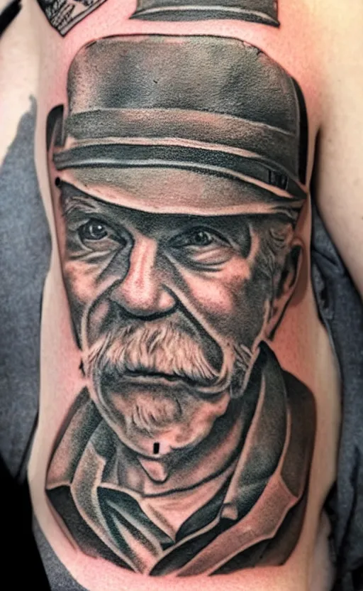 Image similar to a tattoo of an old man wearing a hat on top of a tower, ultra detailed, tattoo, 8 k