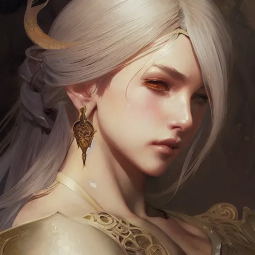 Image similar to Y'shtola from FFXIV, western, D&D, fantasy, intricate, elegant, highly detailed, digital painting, artstation, concept art, matte, sharp focus, illustration, art by Artgerm and Greg Rutkowski and Alphonse Mucha