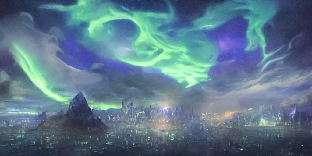 Image similar to hyperrealistic mixed media art of a ditkoverse by steve ditko, aurora borealis in the sky, low angle, stunning 3d render inspired art by Renato muccillo and Andreas Rocha and Johanna Rupprecht + symmetry + deep volumetric lighting, 8k octane beautifully detailed render, post-processing, extremely hyperdetailed, intricate complexity, epic composition, mystical foreboding atmosphere, cinematic lighting + masterpiece, trending on artstation