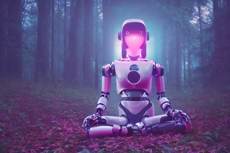 Image similar to a cute robot girl meditating in the forest, astral, synthwave, realism, 8 k