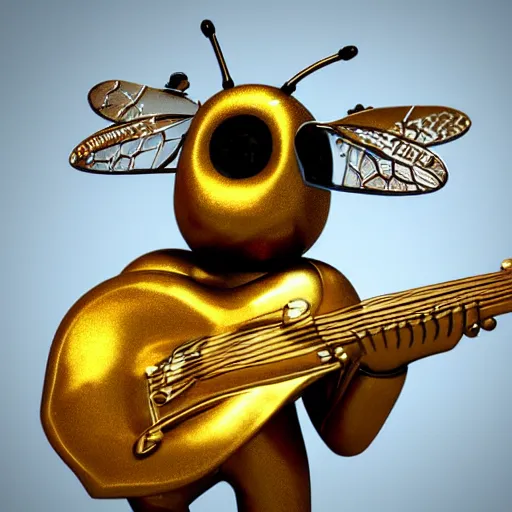 Image similar to 3d bee made of metal, shiny, george harrison, playing guitar onstage