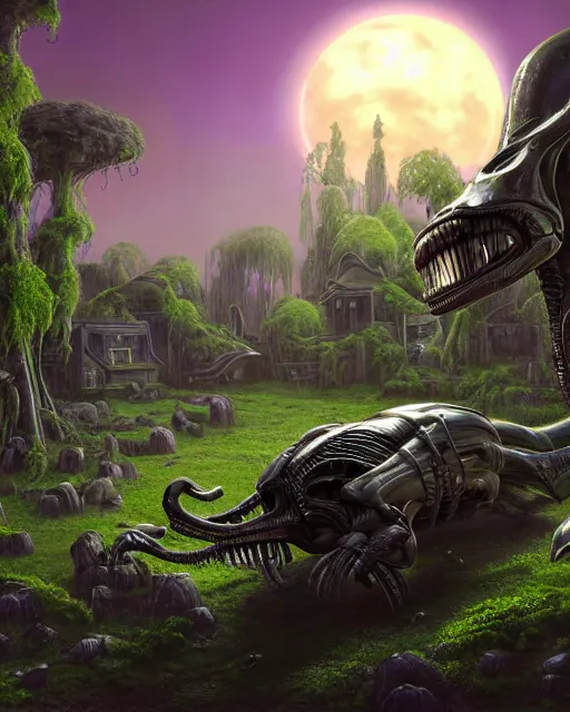 Image similar to xenomorph taxi car in a fantasy village, calming, uplifting mood, ultra realistic, farm, small buildings, highly detailed, atmosphere, violet planet in the sky, masterpiece, epic lighting, elves, green plants, magic, illuminated, 4 k, cinematic, morning sun, art by eddie mendoza