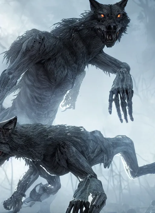 Image similar to werewolf fighting an endless army of skeletons, ultra detailed fantasy, elden ring, realistic, dnd, rpg, game design concept art, behance hd, artstation, deviantart, global illumination radiating a glowing aura global illumination ray tracing hdr render in unreal engine 5