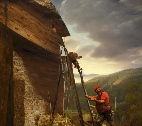 Image similar to landscape portrait of a man working on a building out of hand hewn brimstone, all alone by william sidney mount, trending on artstation