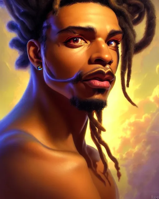 Image similar to lucio from overwatch, dreadlocks, fantasy, fantasy art, character portrait, portrait, close up, highly detailed, intricate detail, amazing detail, sharp focus, vintage fantasy art, vintage sci - fi art, radiant light, caustics, by boris vallejo