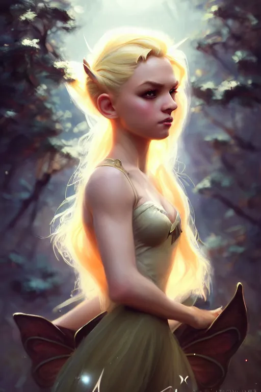 Image similar to cinematic shot of an epic portrait of a cute blonde fairy dressed in military clothes, stylised military clothes, shiny skin, beautiful eyes, beautiful, small details, night setting, realistic poster with volumetric light from craig mallism, artgerm, jeremy lipkin and michael garmash, unreal engine, radiant light, digital art, trends at art station, a masterpiece