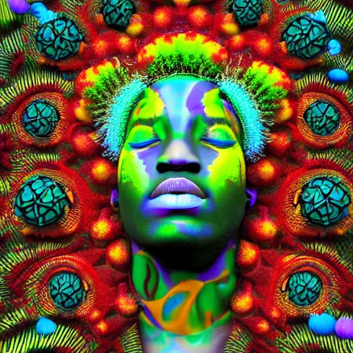 Prompt: african shaman with an afro made of flowers, third eye art art by machina infinitum, zoom symmetry, rendered in octane, mandelbulb 3 d, ambient occlusion, macro photography, black opal