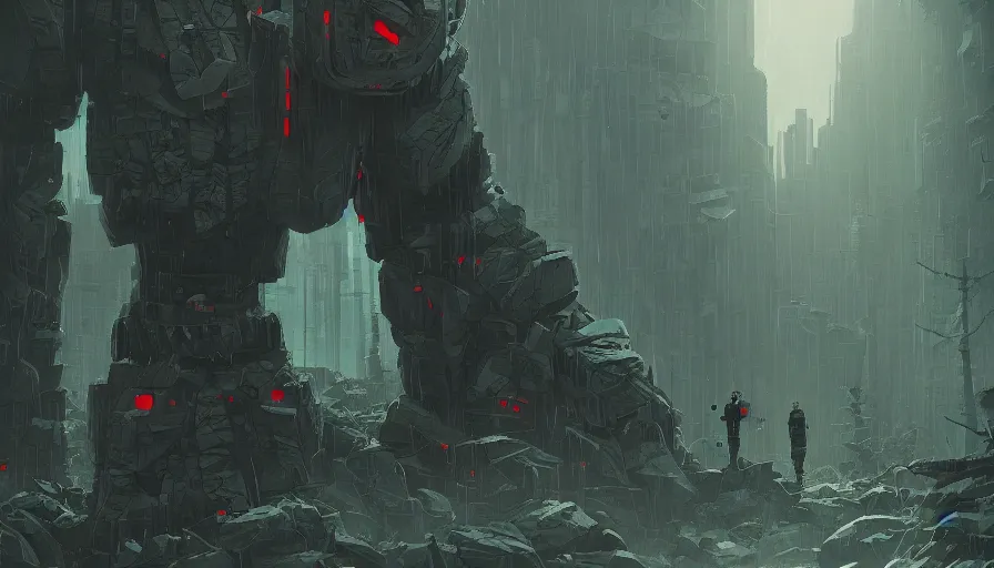 Prompt: stone golem, true evil, dormant, cyberpunk forest, nearby, sharp focus, james gilleard, cinematic, game art, extremely detailed digital painting, print