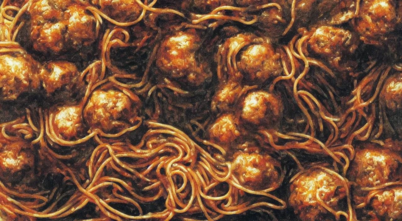 Prompt: perfect woman bodies inside spaghetti bolognesa with meatballs and hundred rusted perfect woman bodies flying in stormy clouds by dali, hyper - realism