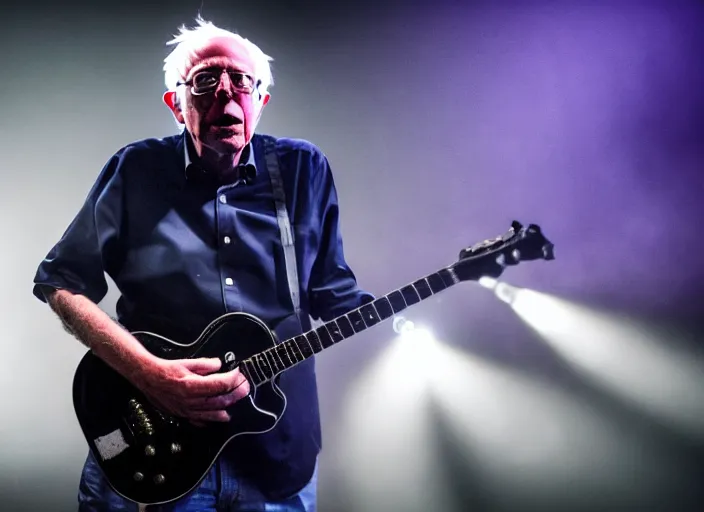 Image similar to publicity photo still of bernie sanders in a death metal band playing live on stage, 8 k, live concert lighting, mid shot