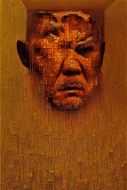 Image similar to ascii art, hyperrealism oil painting, portrait scary ai weiwei style zdzislaw beksinski