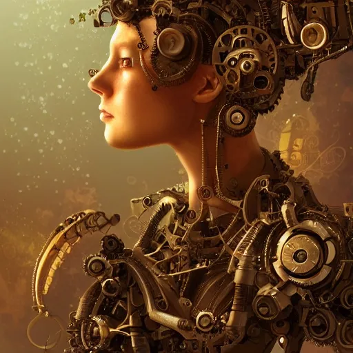 Prompt: portrait of a mechanical fairy with fairy wings, gears, wires and cables, detailed, 4k, in the style of Craig Mullins and James Gurney