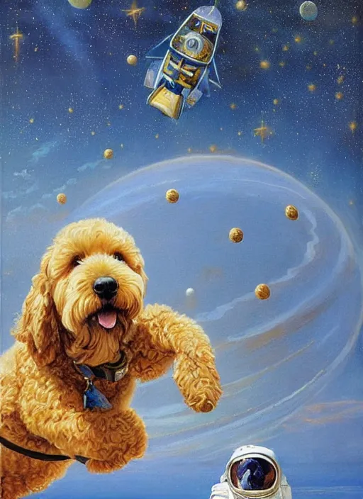 Prompt: a golden labradoodle astronaut, large scale painting by robert mccall and vladimir kush