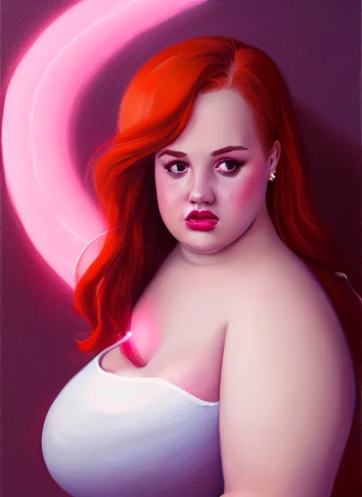 Image similar to full body portrait of teenage cheryl blossom, obese, bangs, sultry, realistic, red hair, sultry smirk, wavy hair, pink skirt, fat, belly, intricate, elegant, glowing lights, highly detailed, digital painting, artstation, concept art, smooth, sharp focus, illustration, art by wlop, mars ravelo and greg rutkowski