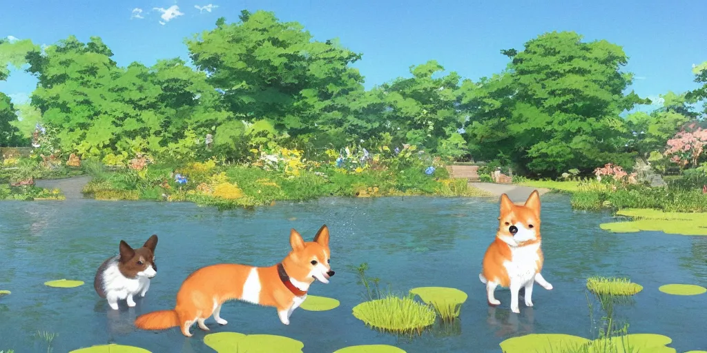 Image similar to Corgis in the pond, there is blue sky, there is water splash, there are kittens by the pond, the atmosphere is cheerful, the colors are bright, high picture quality, by Makoto Shinkai