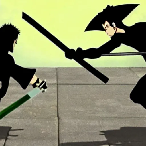 Prompt: real-life zoro vs. mihawk, a still of a fight film