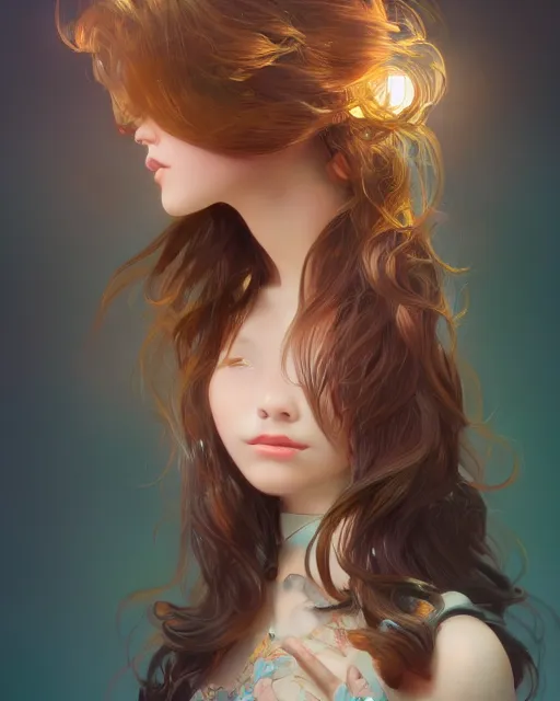 Image similar to beautiful girl brown blob hair, cute, intricate, highly detailed, digital painting, trending on artstation, concept art, smooth, sharp focus, backlit, rim light, vivid colors, illustration, unreal engine 5, 8 k, art by rossdraws and alphonse mucha