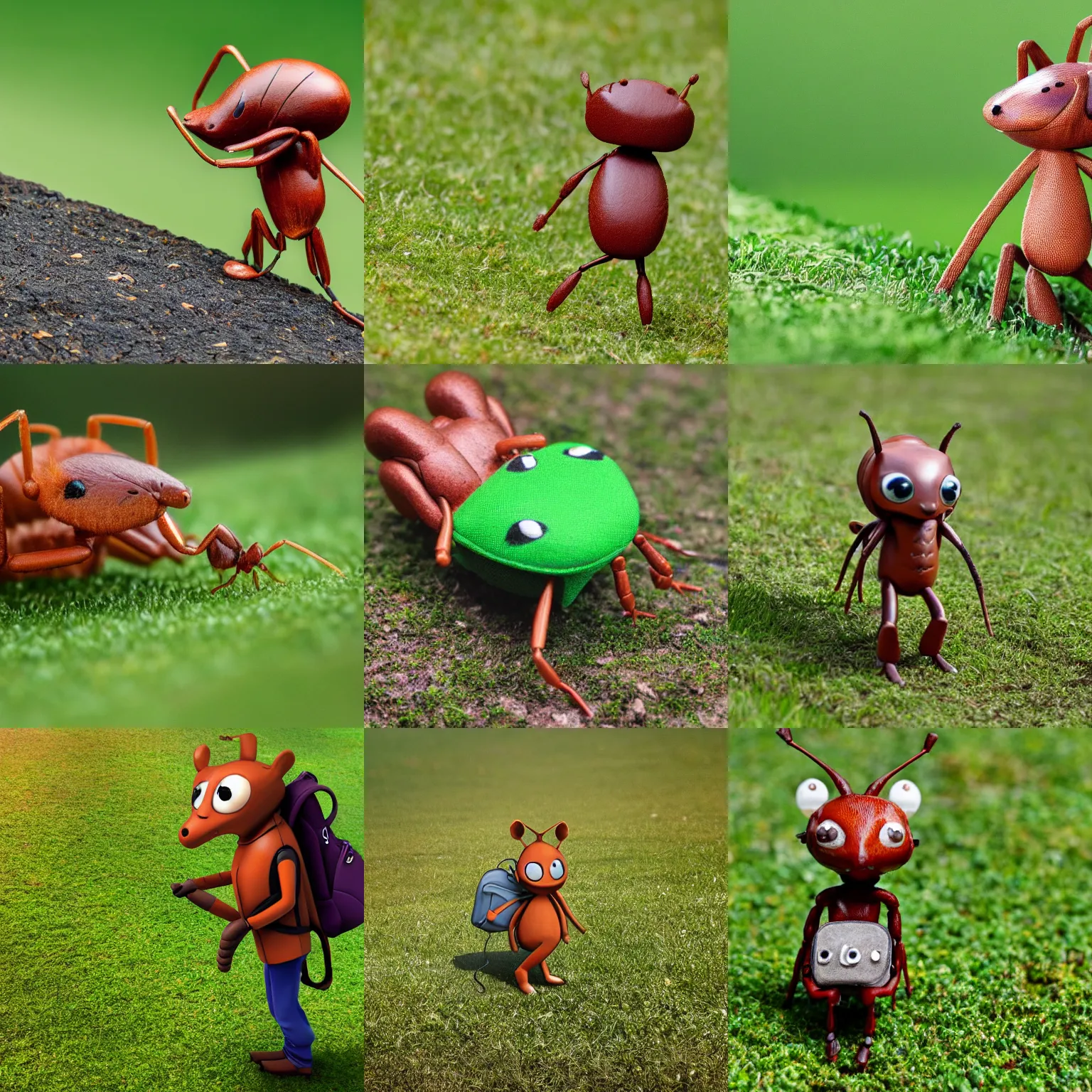 Prompt: an anthropomorphic ant wearing a backpack, walking through a green pasture