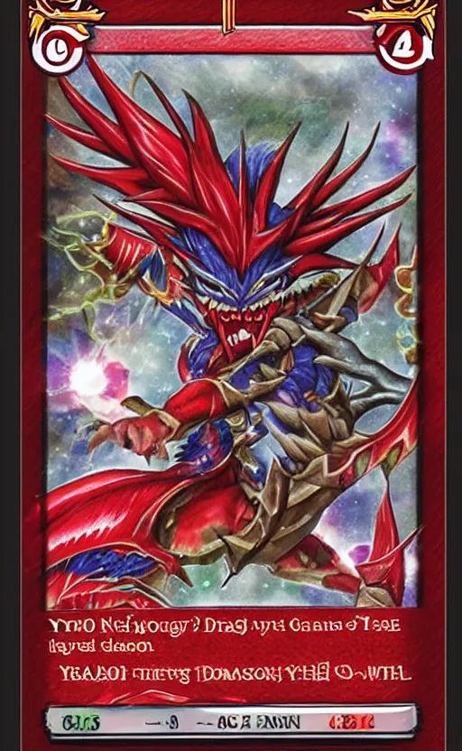 Prompt: yugioh card trading fantasy yugioh card of a red dragon