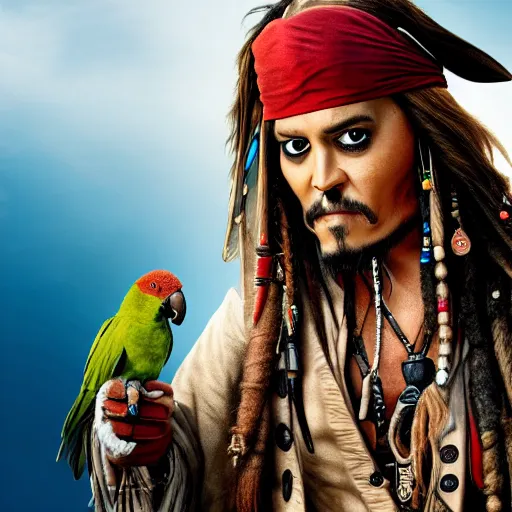 Image similar to jack sparrow with a parrot on the shoulder, portrait, 8k resolution, hyper detailed