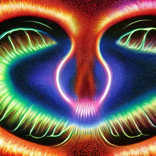 Image similar to cosmic alien lightning fox , Alex grey, realistic 4k deep color