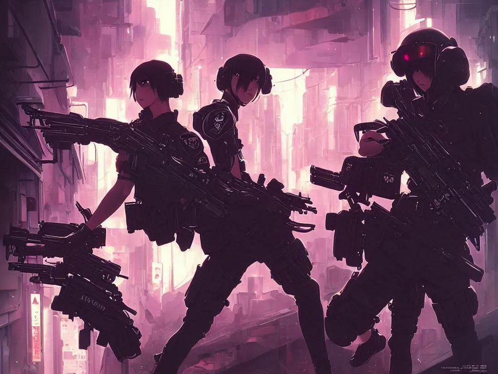 Image similar to anime key visual of a young female swat officer fighting male blood hound, neon, cyberpunk, futuristic, stunning, highly detailed, digital painting, smooth, soft focus, illustration, movie poster, japanese typography, digital art from artstation by artgerm and greg rutkowski and alphonse mucha